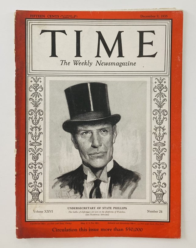 VTG Time Magazine December 9 1935, featuring Secretary of State William Phillips on the cover, highlighting the political climate of the era.