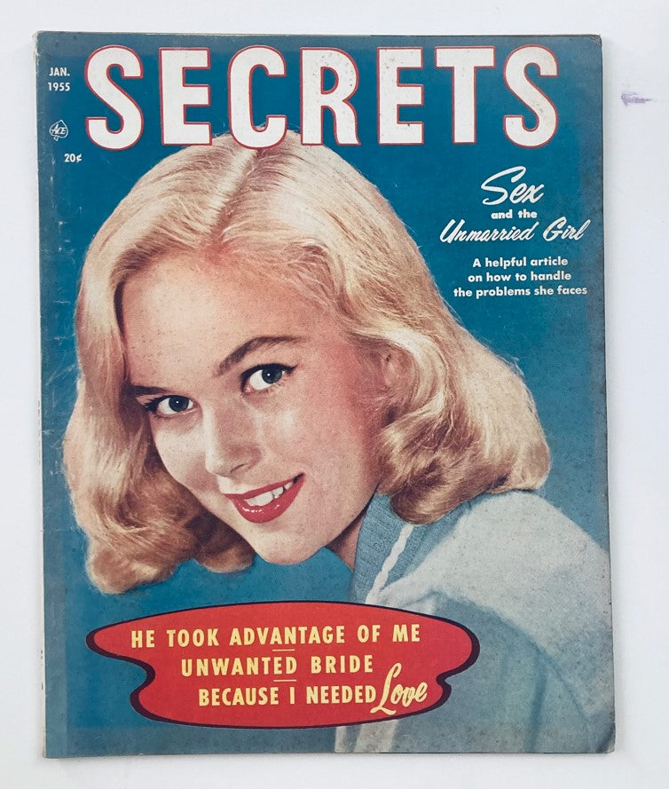 Cover of VTG Secrets Magazine January 1955 featuring a smiling blonde woman and the headline 'Sex and the Unmarried Girl.' This vintage magazine is Volume 37, Issue 2.
