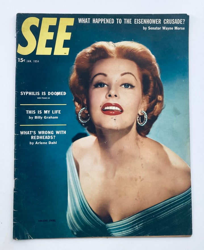 Cover of VTG See Magazine January 1954 featuring Arlene Dahl known as The Readhead, showcasing vibrant colors and classic 1950s style.