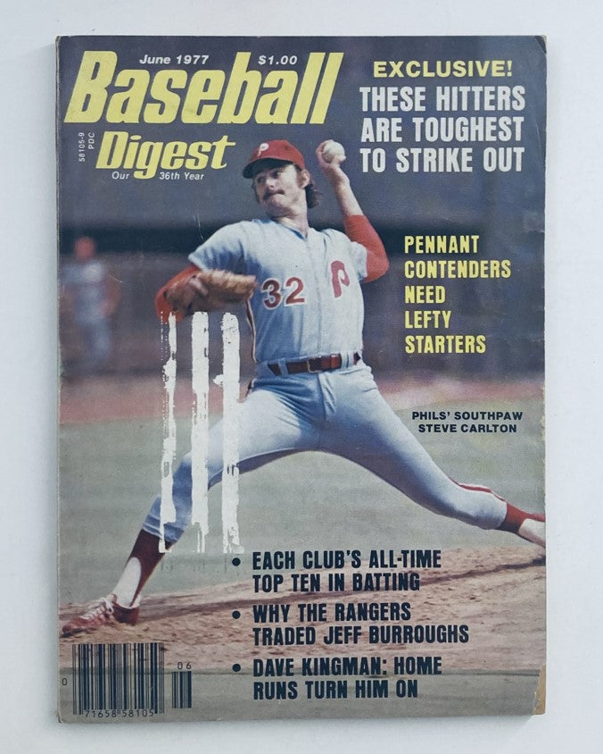 Cover of the VTG Baseball Digest Magazine from June 1977 featuring Phils' southpaw Steve Carlton, highlighting baseball topics like toughest hitters to strike out and the need for lefty starters.