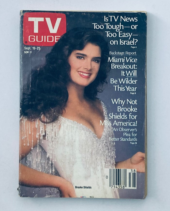 TV Guide Magazine featuring Brooke Shields on the cover, dated September 19-25, 1987. Cover highlights include articles about TV news, Miami Vice, and a plea for better standards, showcasing a vintage design.
