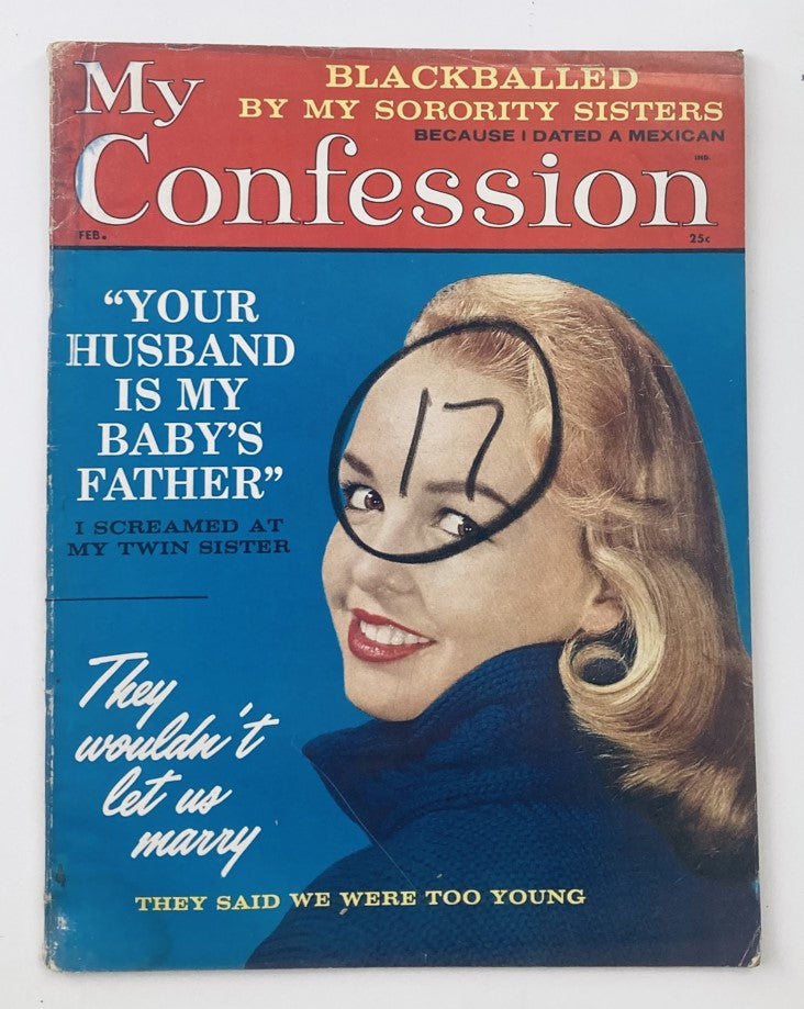 VTG My Confession Magazine February 1960 cover featuring an attractive woman with blonde hair, highlighting the story "They Wouldn't Let Us Marry" and marked with the number 17.