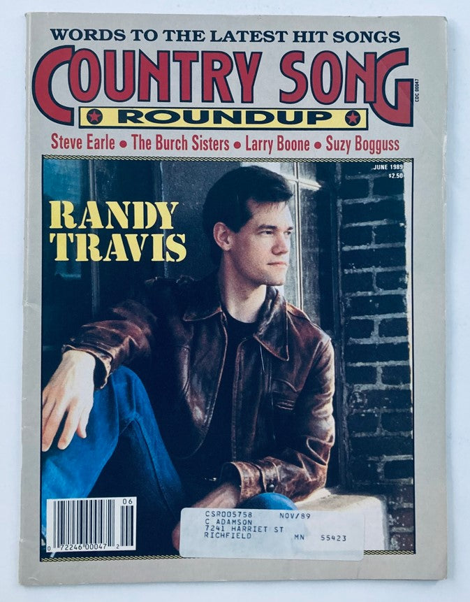 Cover of VTG Country Song Roundup Magazine June 1989 featuring Randy Travis wearing a leather jacket, highlighting iconic country artists like Steve Earle.