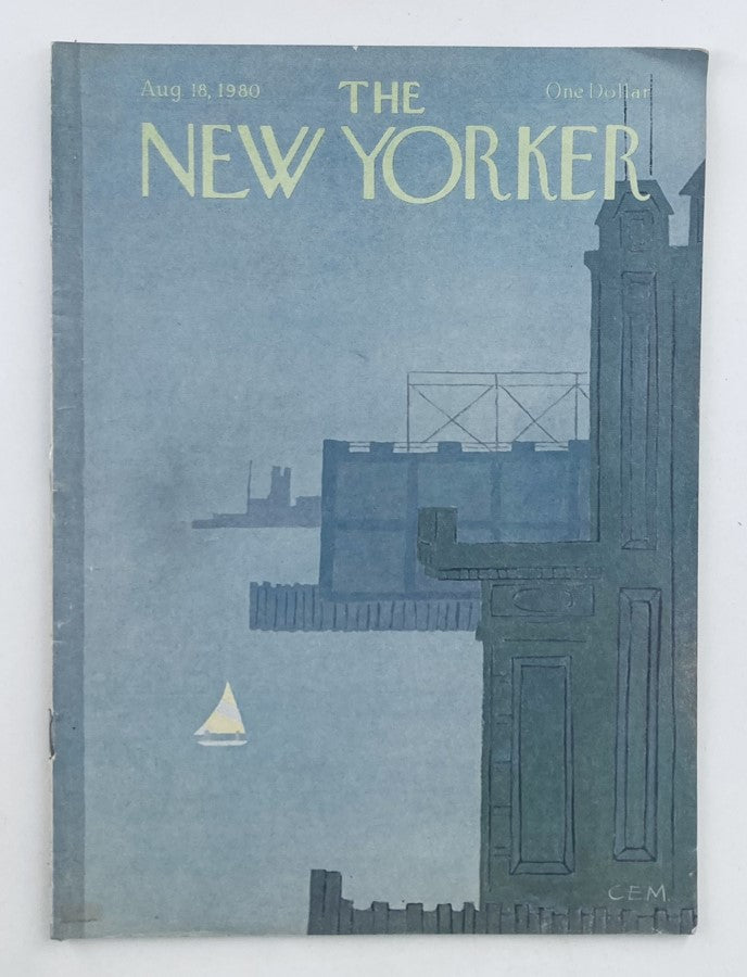 The New Yorker Full Magazine August 18, 1980 featuring a cover illustration titled 'Skyscrapers' by Charles, depicting a serene waterfront with a sailboat.
