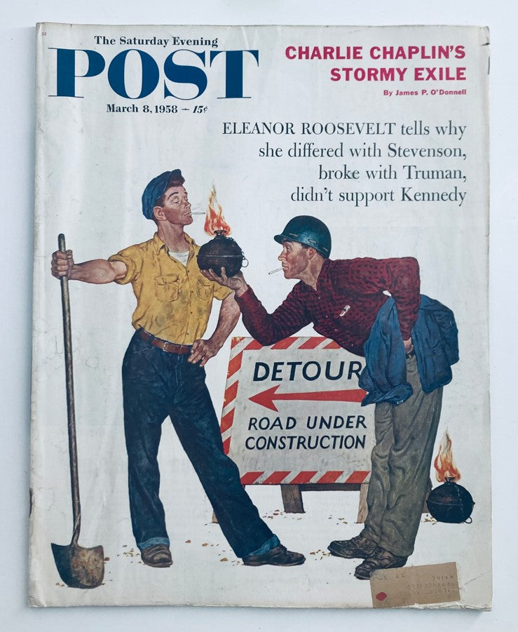 Cover of The Saturday Evening Post Magazine dated March 8, 1958, featuring Charlie Chaplin and the title 'Charlie Chaplin's Stormy Exile'.