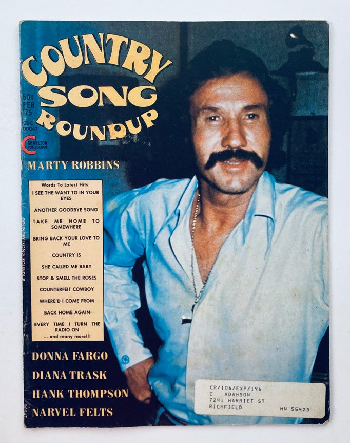 Cover of Country Song Roundup Magazine, February 1975 featuring Marty Robbins, with song listings and vintage design.