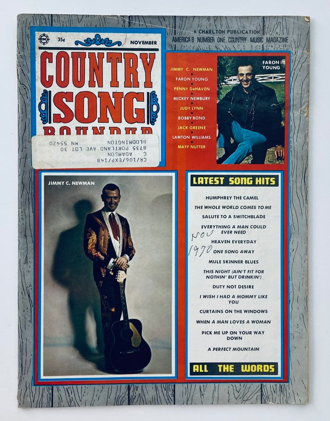 Cover of the VTG Country Song Roundup Magazine November 1970 featuring Jimmy C. Newman and Faron Young. The vintage magazine showcases articles and song hits from the country music scene of 1970.
