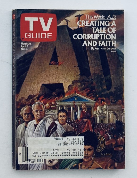 TV Guide Magazine from March 30, 1985 featuring the cover story 'Creating a Tale of Corruption and Faith' with imagery depicting ancient Roman themes and characters, from the Pittsburgh Metro Edition.