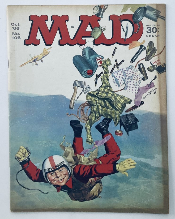 Mad Magazine October 1966 No. 106 cover featuring an illustrated scuba diving theme with Alfred E. Neuman in a diving suit surrounded by surreal objects and humor.