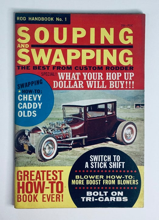 Cover of VTG Rod Handbook No. 1 1961 showcasing souping and swapping techniques for Chevy, Cadillac, and Oldsmobile vehicles with a vintage car illustration.