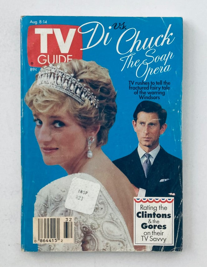 Cover of TV Guide Magazine, August 8, 1992, featuring Princess Diana and Prince Charles under the title 'Di vs. Chuck: The Soap Opera'. The magazine encapsulates royal history and pop culture from the early '90s.