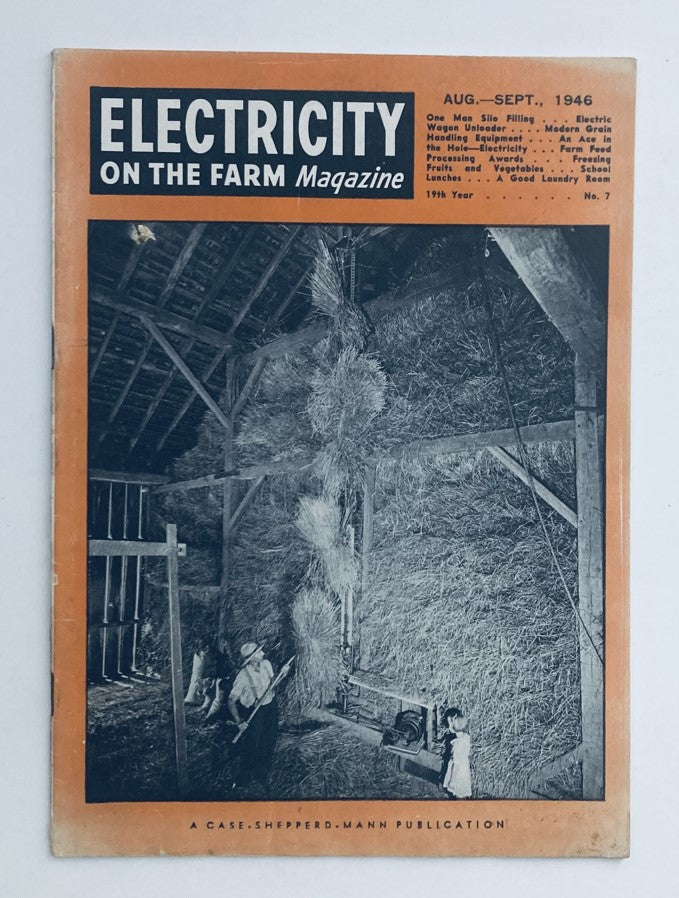 Cover of VTG Electricity on the Farm Magazine August 1946 featuring a black and white image related to farming and electrification, highlighting the theme of Atomic Power.