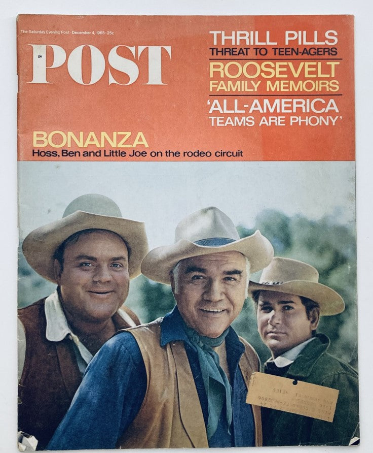 The Saturday Evening Post cover from December 4, 1965, featuring the headline 'Roosevelt Family Memoirs' and a portrayal of characters from 'Bonanza' including Hoss, Ben, and Little Joe.