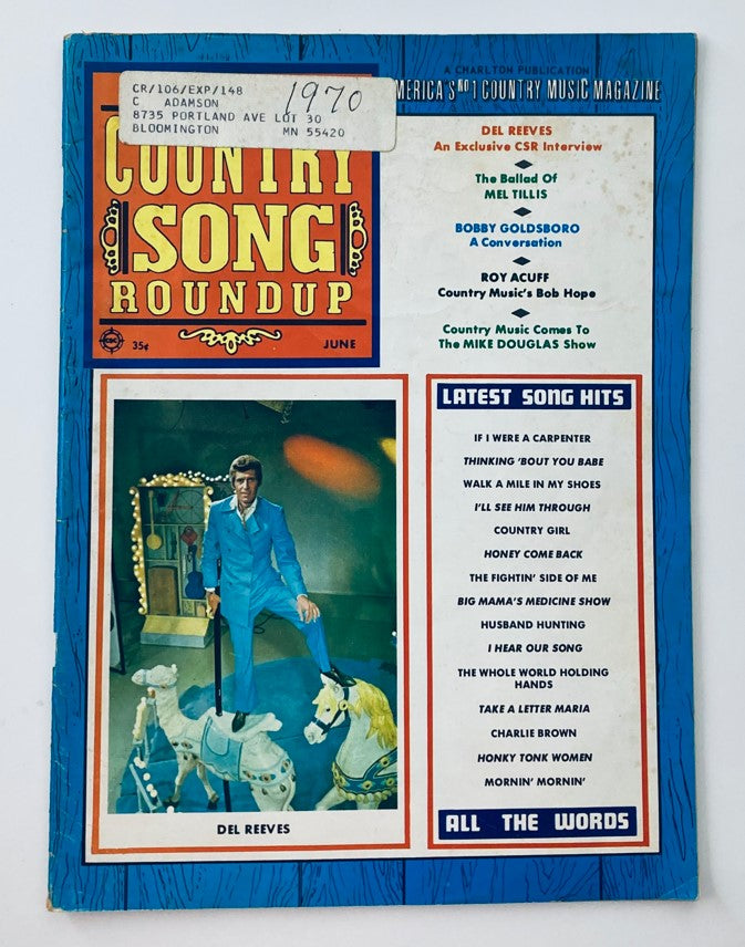 Front cover of VTG Country Song Roundup Magazine from June 1970 featuring Del Reeves and Bobby Goldsboro, showcasing vintage design and country music themes.