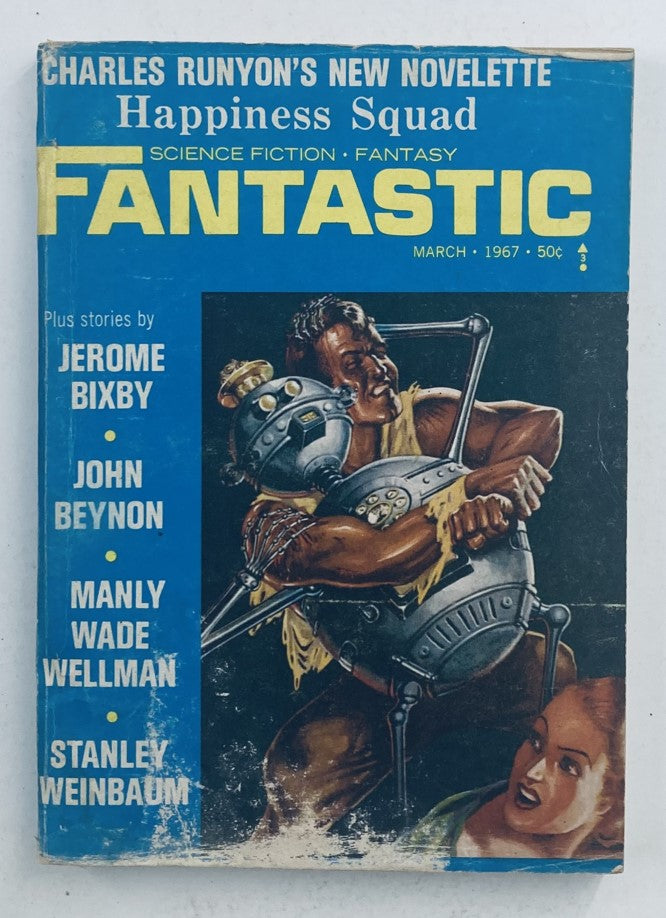 Cover of Fantastic Science Fiction Magazine March 1967 featuring the title in bold yellow text and illustrations of characters engaged in a dramatic science fiction scene.