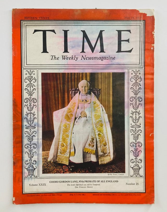 Cover of VTG Time Magazine May 24 1937 featuring Cosmo Gordon Lang, showcasing a charming historical design and vibrant colors.