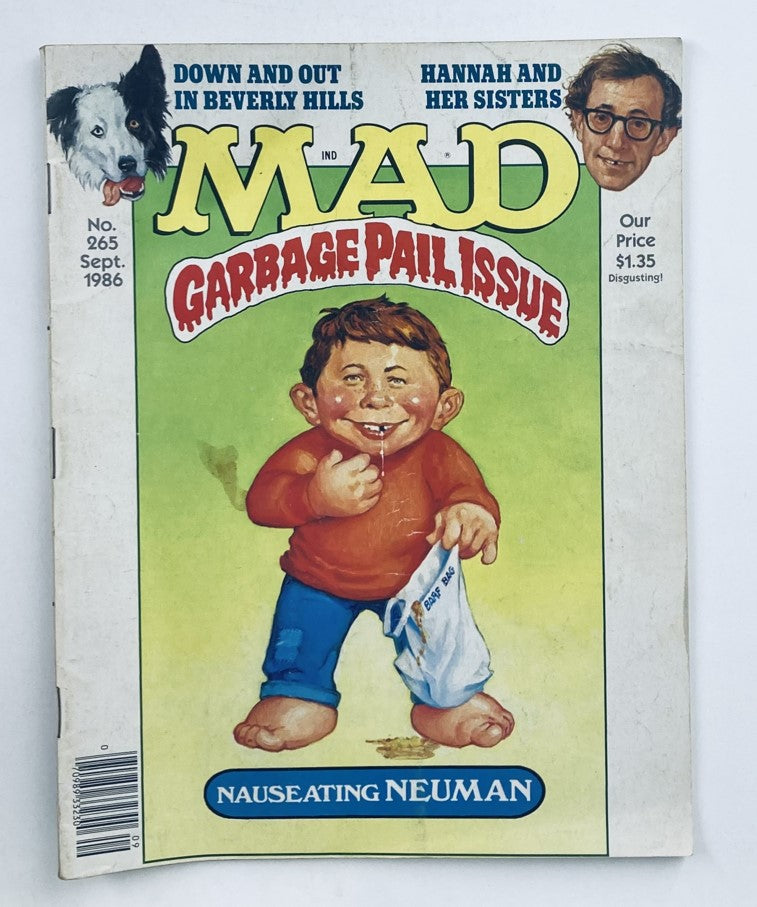 Cover of Mad Magazine September 1986 No. 265 featuring the Garbage Pail issue, with a cartoon character resembling Alfred E. Neuman and playful text highlighting 'Hannah and Her Sisters' and 'Nauseating Neuman'.