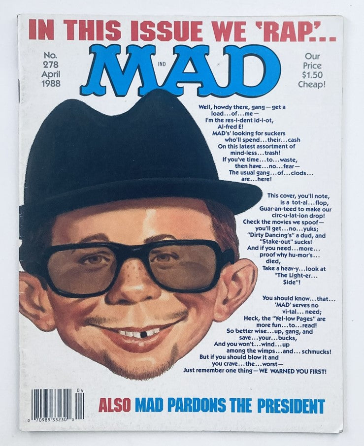 Cover of Mad Magazine April 1988 No. 278 featuring the headline 'Mad Pardons The President', showcasing a humorous illustration of a character with sunglasses and a hat.