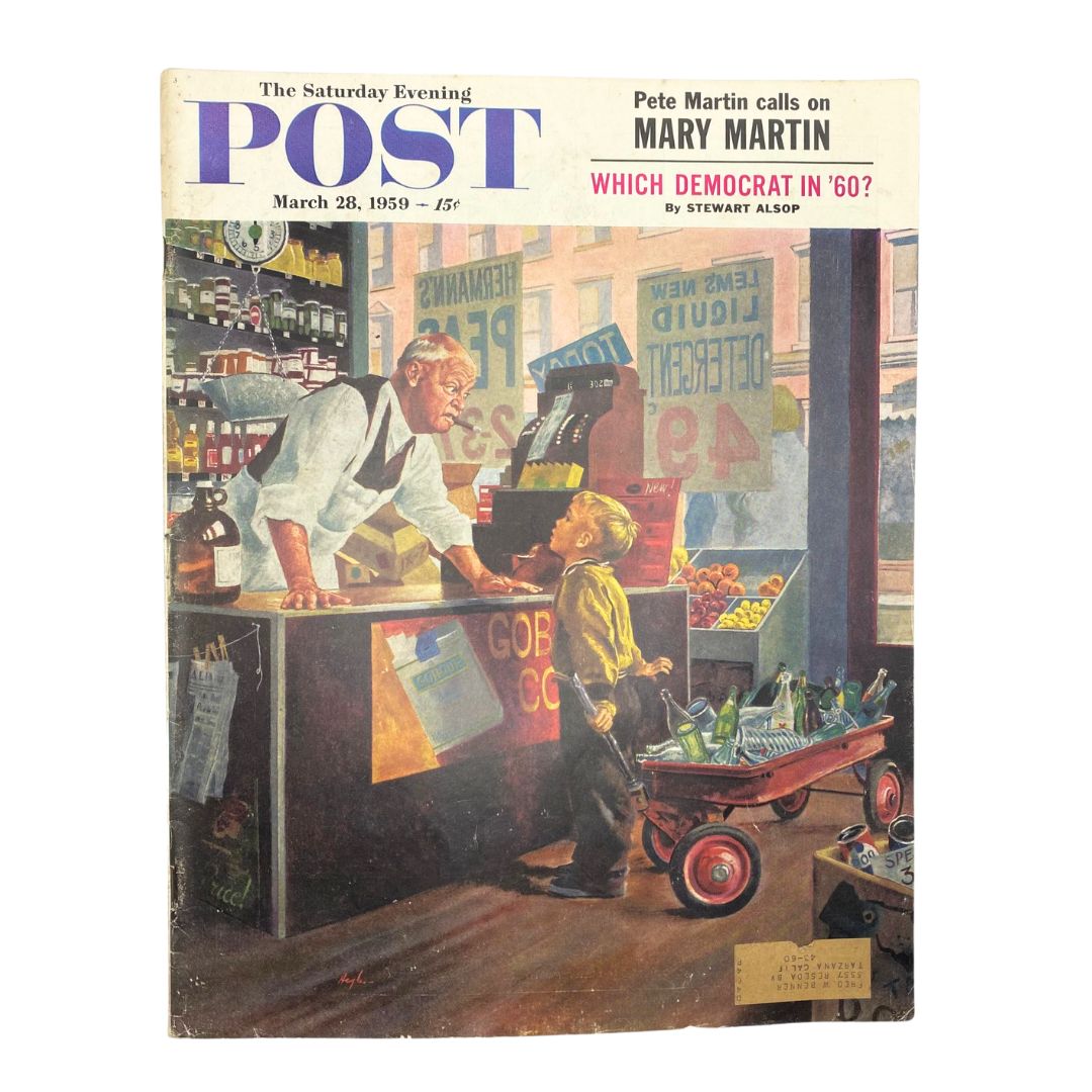 Cover of Saturday Evening Post Magazine March 28 1959 featuring the artwork of a greengrocer by Hughes, depicting a young boy with a cart and a store owner in a vintage scene.