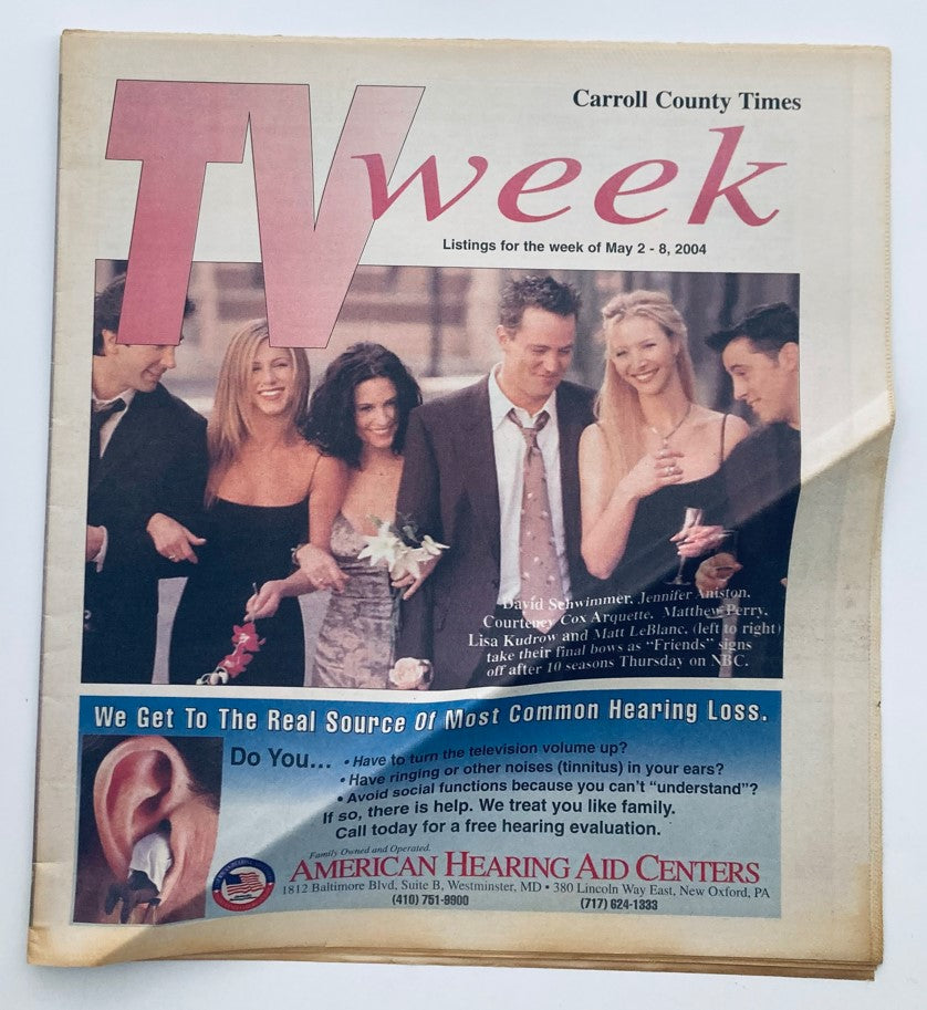 TV Week Magazine cover from May 2, 2004 featuring David Schwimmer and Jennifer Aniston, with other cast members, showcasing listings for the week.