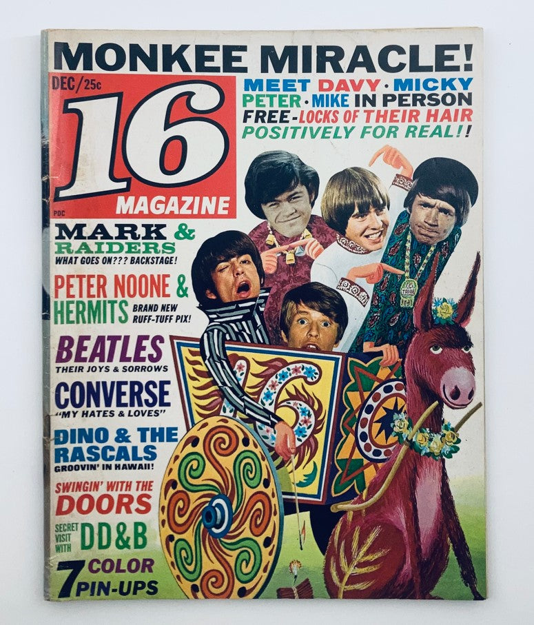 Cover of VTG 16 Magazine December 1967 Vol 9 No. 7 featuring Monkees, Dino & The Rascals, showcasing vibrant 1960s youth culture.