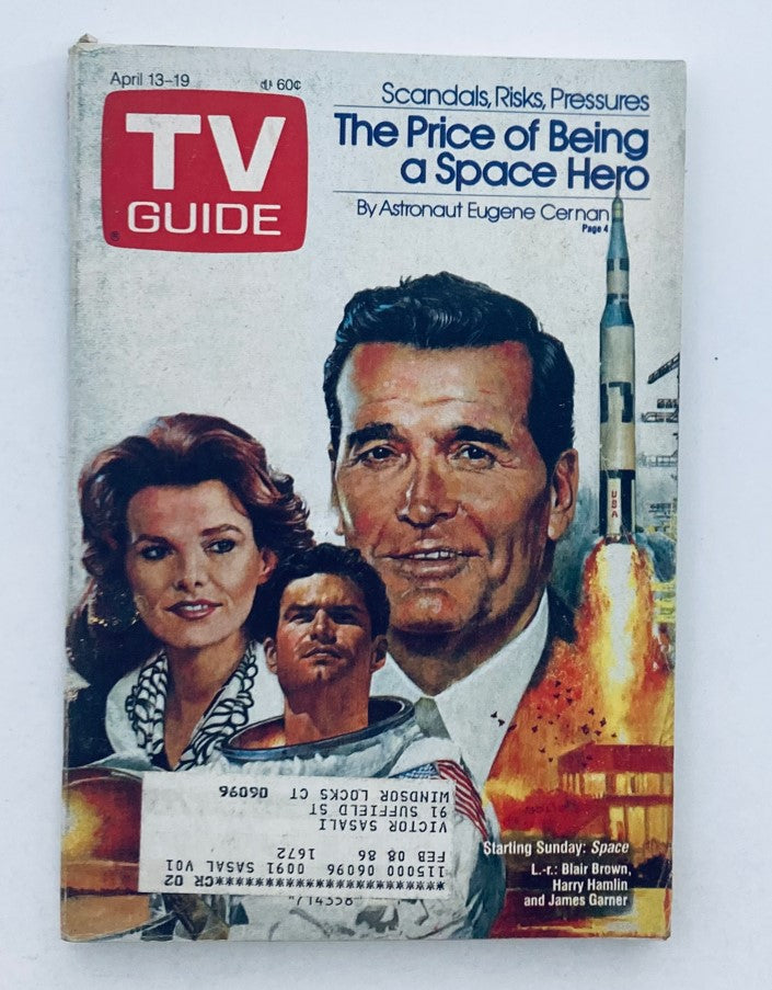 TV Guide Magazine April 13 1985 featuring a cover story on Blair Brown and James Garner, spotlighting the theme of space exploration with an astronaut and rocket imagery.