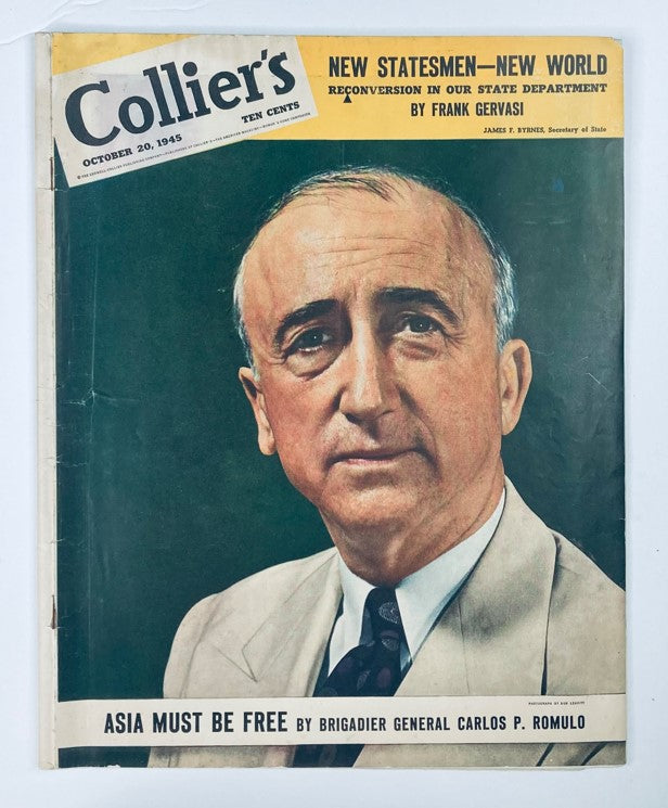 VTG Collier's Magazine October 20 1945 Vol 116 #16 featuring a cover portrait of Brigadier General Carlos P. Romulo, emphasizing historical significance and vintage aesthetics.