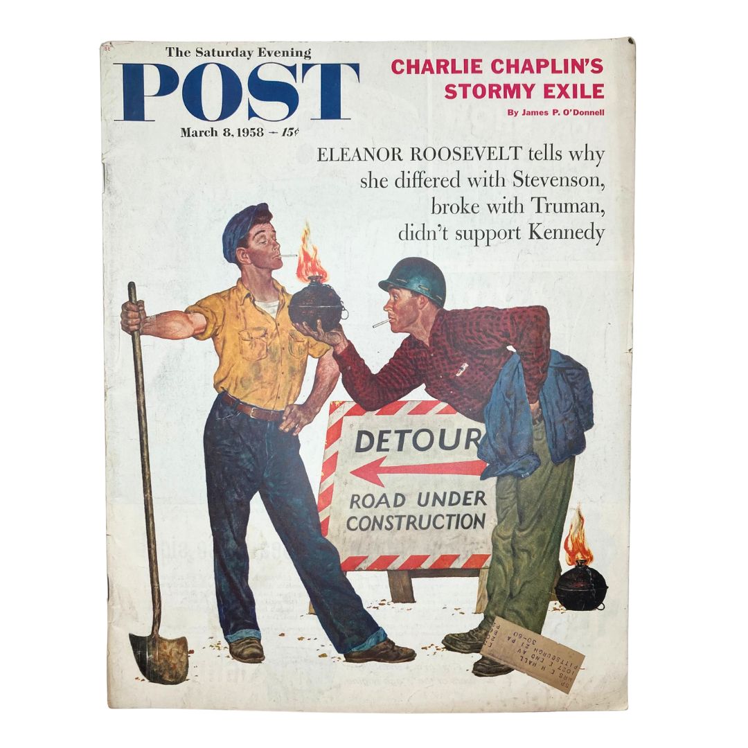 Cover of The Saturday Evening Post magazine from March 8, 1958, featuring an illustration related to Eleanor Roosevelt and labor themes, titled 'Charlie Chaplin's Stormy Exile'.