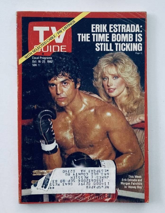 Cover of TV Guide Magazine from October 16, 1982 featuring Erik Estrada and Morgan Fairchild. The cover highlights a feature article about Erik Estrada with the tagline 'The Time Bomb is Still Ticking.' This vintage magazine captures the essence of early '80s pop culture.