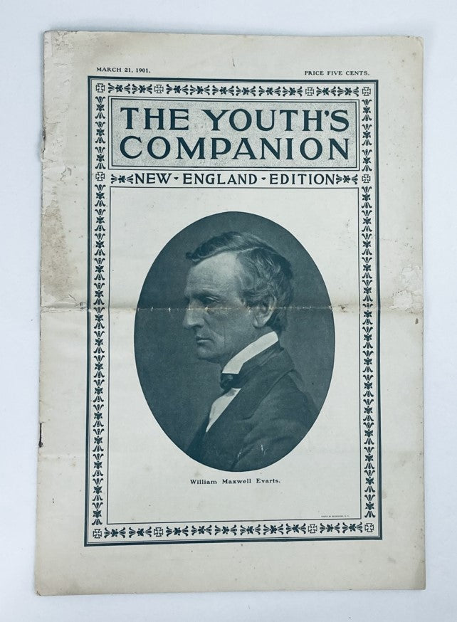Cover page of VTG The Youth's Companion Magazine, March 21 1901 featuring an illustration of William Maxwell Evarts, highlighting vintage publication aesthetics.