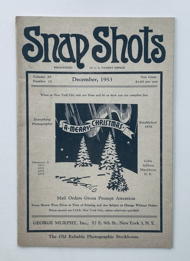 Cover of VTG Snap Shots Magazine December 1953 Vol 65 No. 12 featuring 'A Merry Christmas' theme with Christmas trees and festive design.