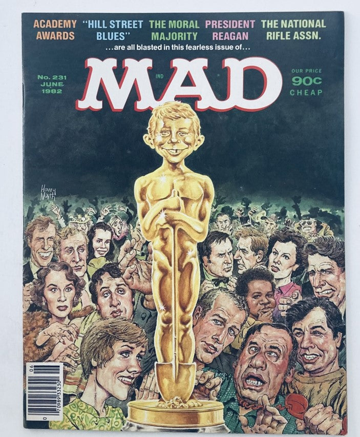 Cover of VTG Mad Magazine June 1982 No. 231 featuring a humorous illustration related to the Academy Awards with a smiling child holding an Oscar trophy, surrounded by a crowd of expressive characters, highlighting the magazine's satirical take on pop culture.