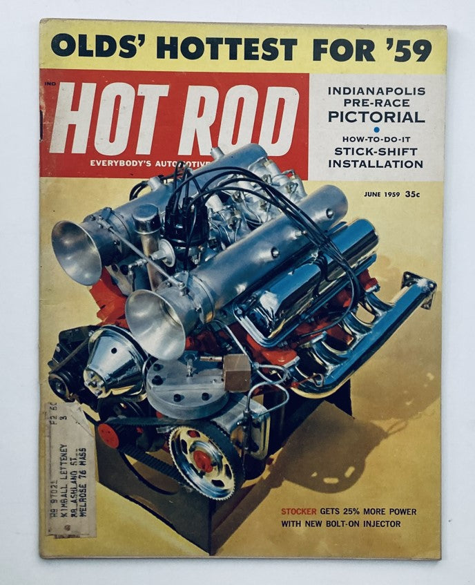 Cover of VTG Hot Rod Magazine June 1959 Vol 12 No. 6 showcasing automotive engineering with stick-shift installation guide and vivid illustrations.