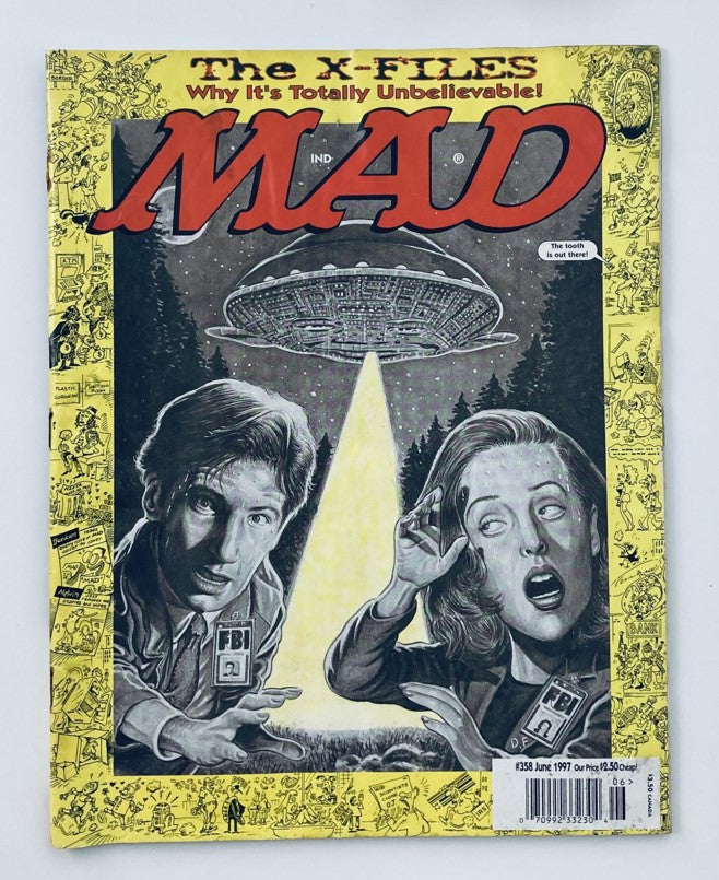 Cover of Mad Magazine June 1997 #358 featuring iconic characters from The X-Files, Gillian Anderson and David Duchovny, set against a mysterious UFO backdrop.