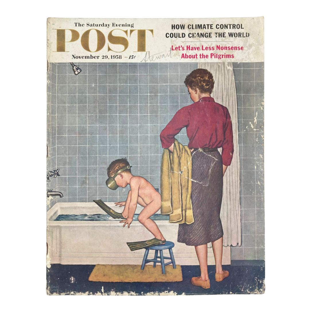 Cover of the Saturday Evening Post Magazine from November 29, 1958, featuring the illustrated scene 'Johnny Will Dive' by Amos Sewell, showcasing a child preparing for a bath, depicting mid-20th century Americana.