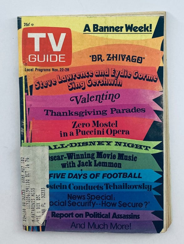 TV Guide Magazine November 22 1975 #1181 A Banner Week Northern Florida Edition, featuring titles like 'Dr. Zhivago' and Thanksgiving specials.