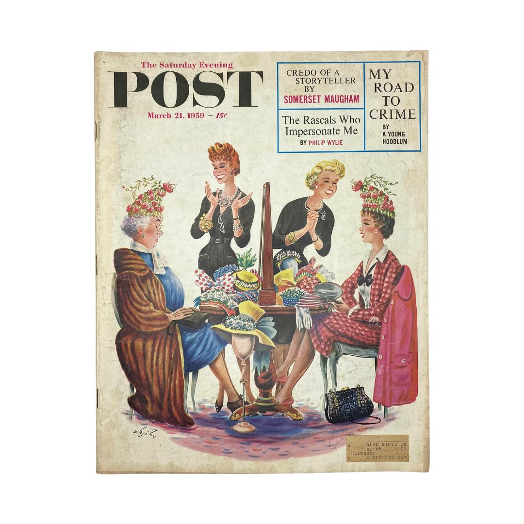 Saturday Evening Post Magazine March 21 1959 cover featuring vibrant illustration of women celebrating with food and drinks, showcasing Easter themes and vintage 1950s style.