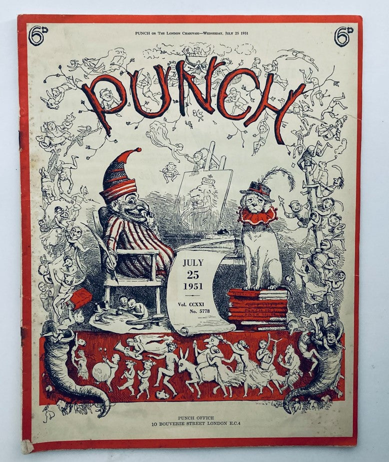 Cover of Punch Magazine, July 25, 1951, Vol 221 No. 5778 featuring whimsical illustrations and humor, showcasing classic WWII cartoons.