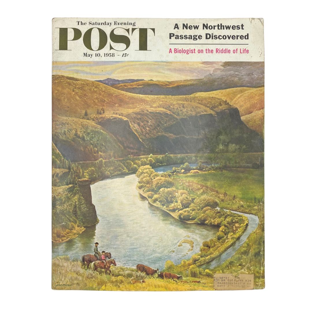 Cover of Saturday Evening Post Magazine from May 10, 1958, featuring a scenic illustration of Yakima River in Washington State by John Clymer.