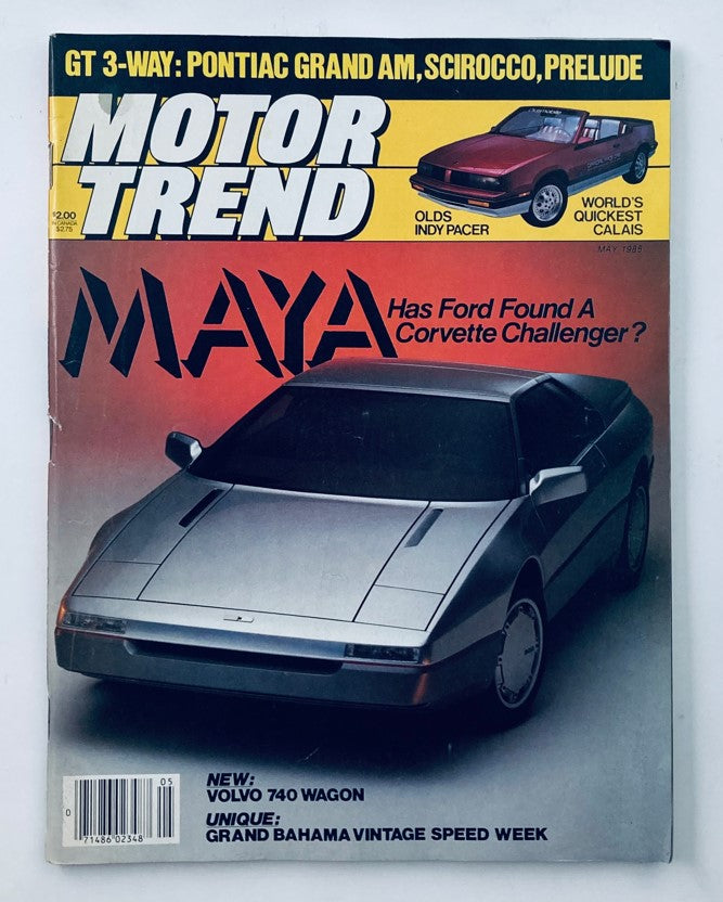VTG Motor Trend Magazine May 1985 featuring the Ital Design Maya on the cover, showcasing its innovative design alongside articles about automotive trends from the 1980s.
