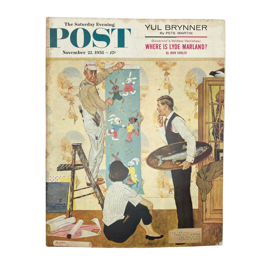 Cover of Saturday Evening Post Magazine from November 22, 1958 featuring the artistic illustration 'Mr. Fisher' by George Hughes, depicting a scene with a child and a decorative backdrop.