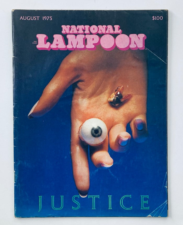 Cover of VTG National Lampoon Magazine August 1975 featuring a surreal hand holding an eyeball and text indicating 'JUSTICE'. Perfect for collectors of vintage magazines.