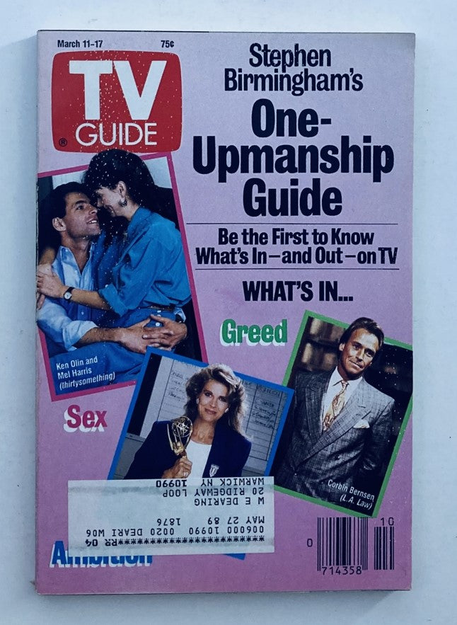 TV Guide Magazine March 11 1989 featuring Candice Bergen and Corbin Bernsen on the cover, highlighting Stephen Birmingham's One-Upmanship Guide. A vintage magazine cover showcasing popular TV themes like 'Greed', 'Sex', and 'Ambition'.