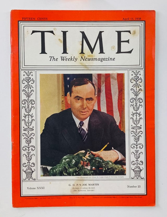Vintage Time Magazine from April 11, 1938, featuring G.O.P.'s Joe Martin on the cover. Volume 31, Issue 15, showcasing a historical insight into American politics.