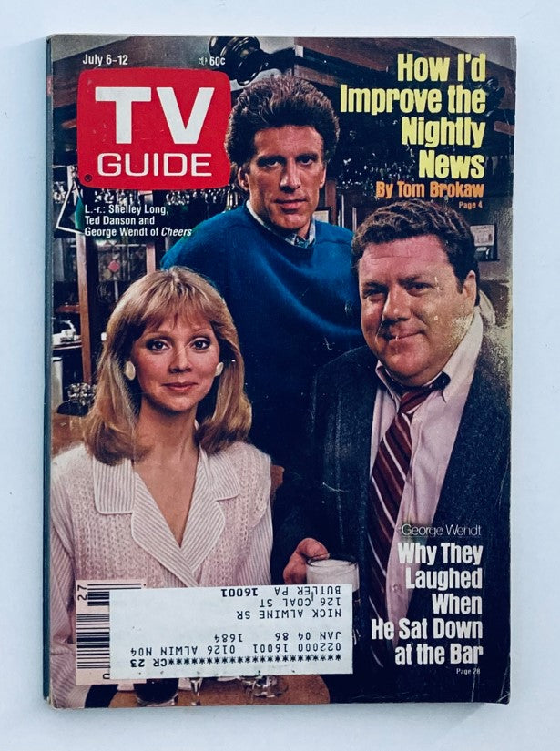 TV Guide Magazine July 6 1985 featuring Ted Danson, Shelley Long, and George Wendt on the cover, alongside articles on improving the nightly news and comedic insights.
