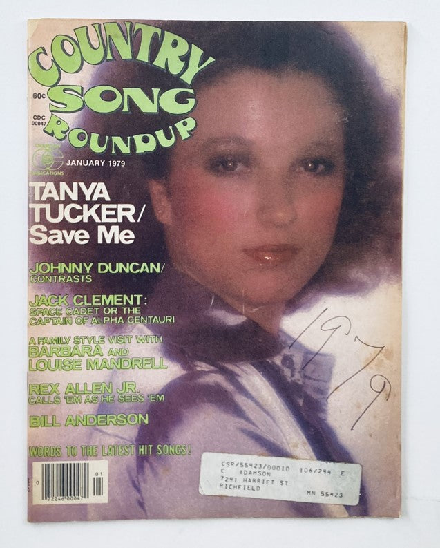 VTG Country Song Roundup Magazine January 1979 featuring Tanya Tucker and Johnny Duncan on the cover, showcasing the era of country music with vibrant colors and iconic artists.