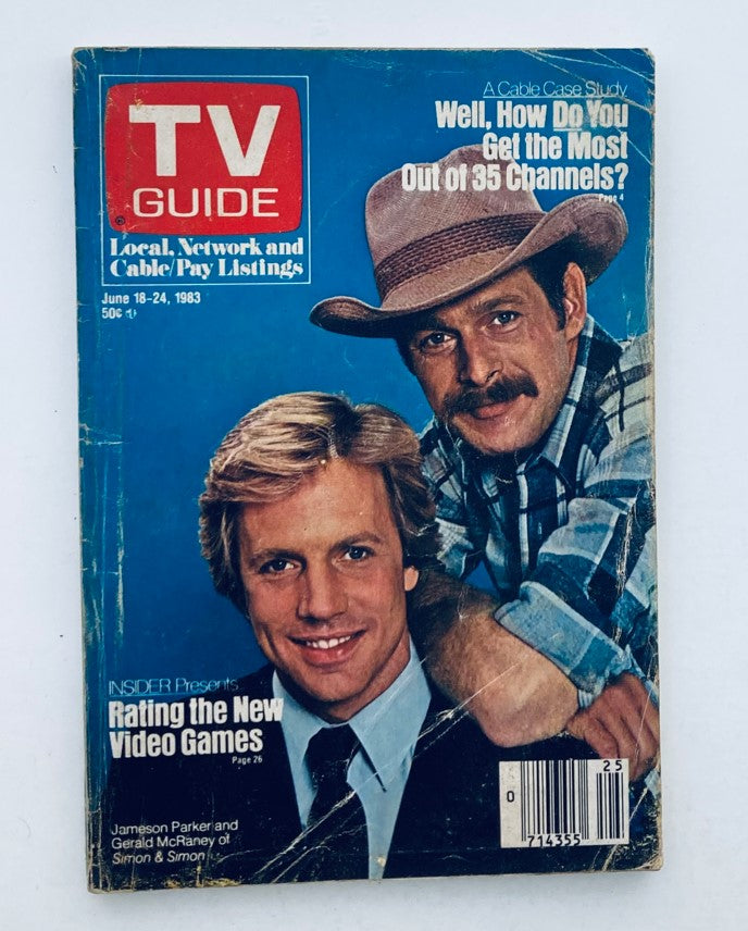 TV Guide Magazine cover from June 18, 1983 featuring Jameson Parker and Gerald McRaney. The magazine advertises cable and pay TV listings with articles including 'Rating the New Video Games' and tips on maximizing channel usage.