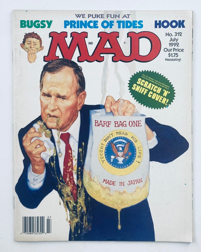 Cover of Mad Magazine July 1992 No. 312 featuring a satire on Buggy Movie with a character humorously spilling food, encapsulating the magazine's signature comedic style.