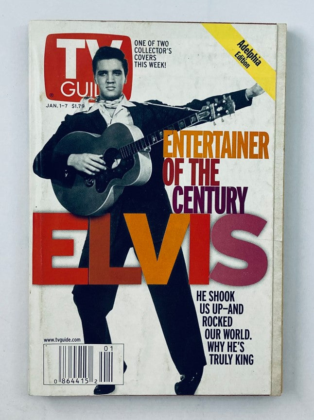 TV Guide Magazine cover from January 1, 2000, featuring Elvis Presley as the 'Entertainer of the Century'. The magazine highlights Elvis and includes text about his impact on the world of entertainment. Adelphia Southeast Florida Edition.