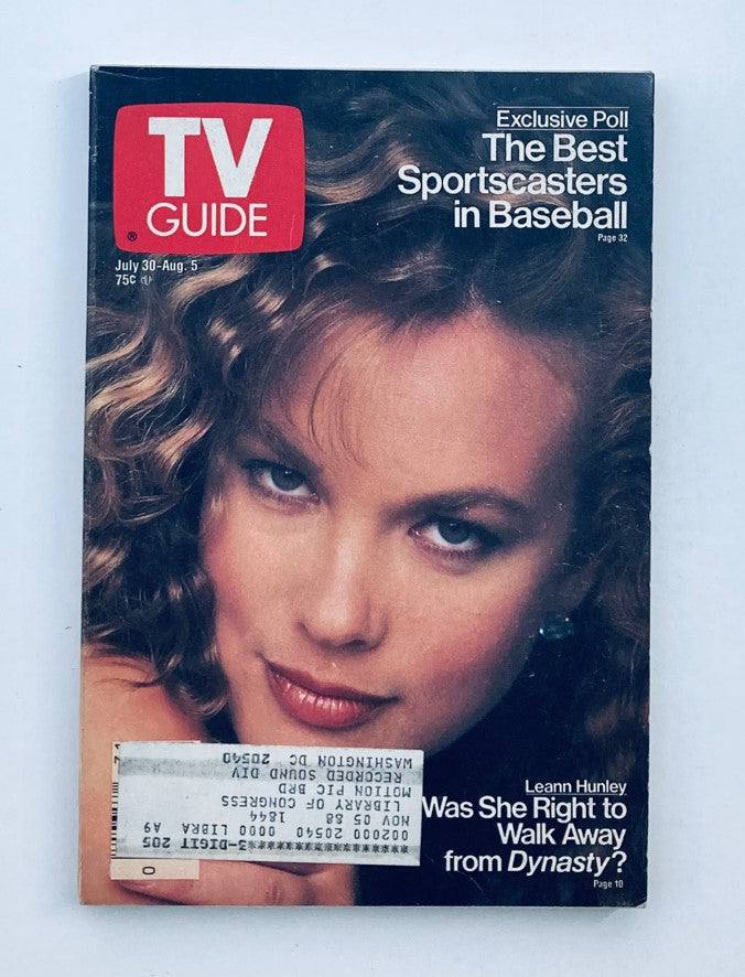 Cover of TV Guide Magazine from July 30, 1988 featuring Leann Hunley, with text about sports broadcasters and an image of her.